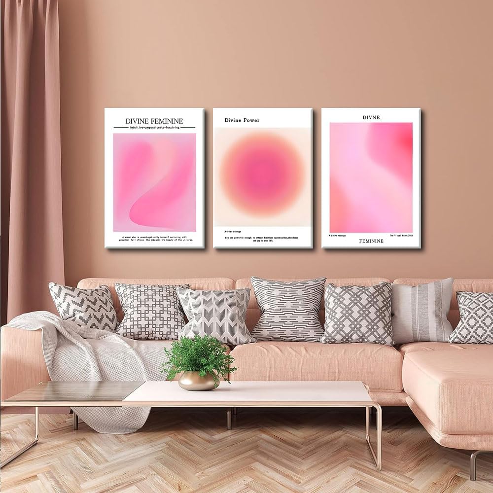 Trendy Aesthetic Canvas Wall Art - Set of 3 Pink Gradient Aura Angel Prints | Framed 12x16 Inch Decor for Bedroom & Living Room