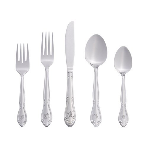 RiverRidge Rose Monogrammed Flatware Set 46 Piece Silverware - K - Utensils Set with Serving Pieces, Heavy Gauge Stainless Steel, Mirror Finish, Dishwasher Safe Cutlery for Daily Use
