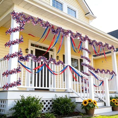 Patriotic Tinsel Garland with American Flags - 33ft Red White Blue Decor