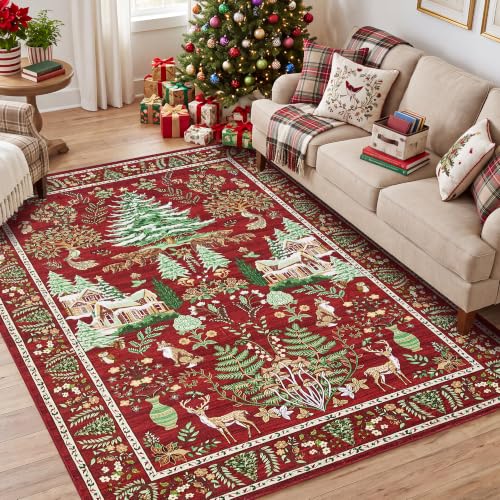 Garvee Red 4x6 Christmas Area Rug with Tree & Animal Prints - Festive Home Decor