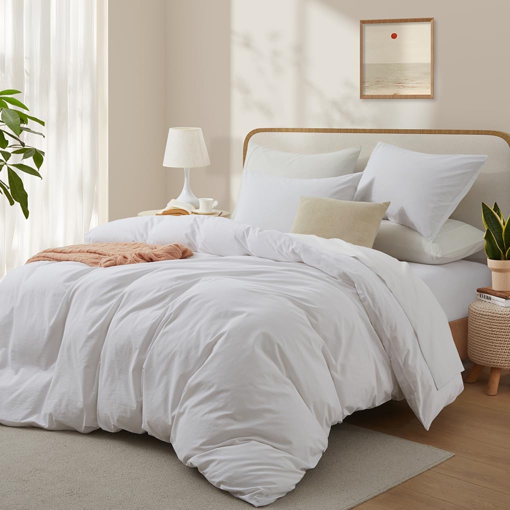 Skiennix 100% Washed Cotton Duvet Cover - Breathable White Queen Size Bedding Set | 90x90 Inches
