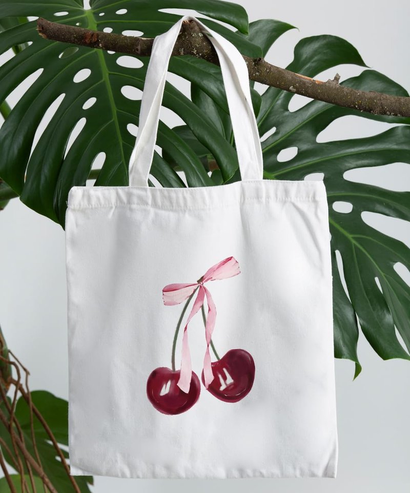 SZERE Coquette Pink Bow Cherry Canvas Tote Bag for Women Teen Girls, Coquette Pink Cherry Themed Stuff Gifts for Women, Cute Small Work Travel Shopping Tote Bags Grocery Reusable Bags