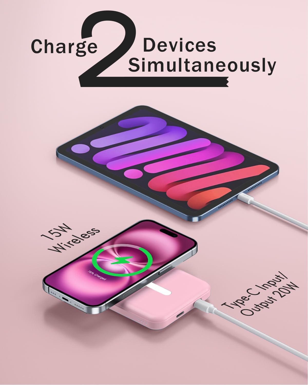 Podoru Magnetic Power Bank - 5000mAh Magsafe Battery Pack with 20W PD Fast Charging | Pink