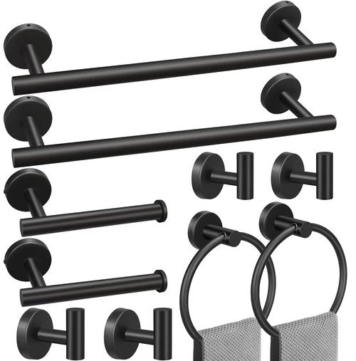 Toptowel 10sets Towel bar Sets, Includes 2Pcs 23.6 inch Towel bar,2Pcs Towel Hook,2Pcs Towel Ring,2Pcs Toilet Paper Holder-Matte Black