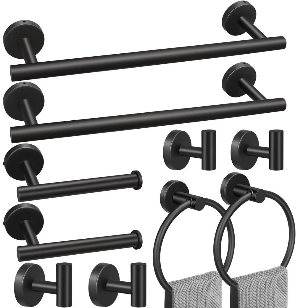 Toptowel 10sets Towel bar Sets, Includes 2Pcs 23.6 inch Towel bar,2Pcs Towel Hook,2Pcs Towel Ring,2Pcs Toilet Paper Holder-Matte Black