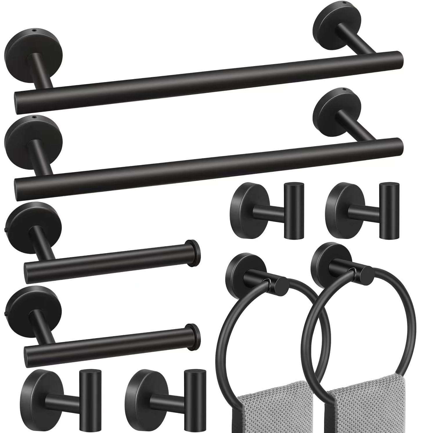 Toptowel 10sets Towel bar Sets, Includes 2Pcs 23.6 inch Towel bar,2Pcs Towel Hook,2Pcs Towel Ring,2Pcs Toilet Paper Holder-Matte Black