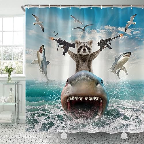 Funny Raccoon Riding Shark Waterproof Fabric Shower Curtain - 69x70"