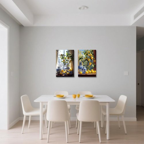 CXHOSTENT Kitchen Lemon Wall Decor - 2 Panel Yellow Citrus Fruit Art | Botanical Farmhouse Artwork (11x14 Inches)