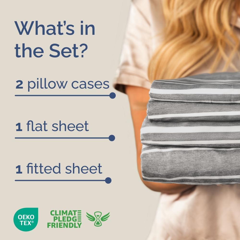 Skiennix Full XL Bed Sheet Set - Soft, Breathable & Cooling 4-Piece Luxury Bedding - Grey Stripes, Deep Pockets