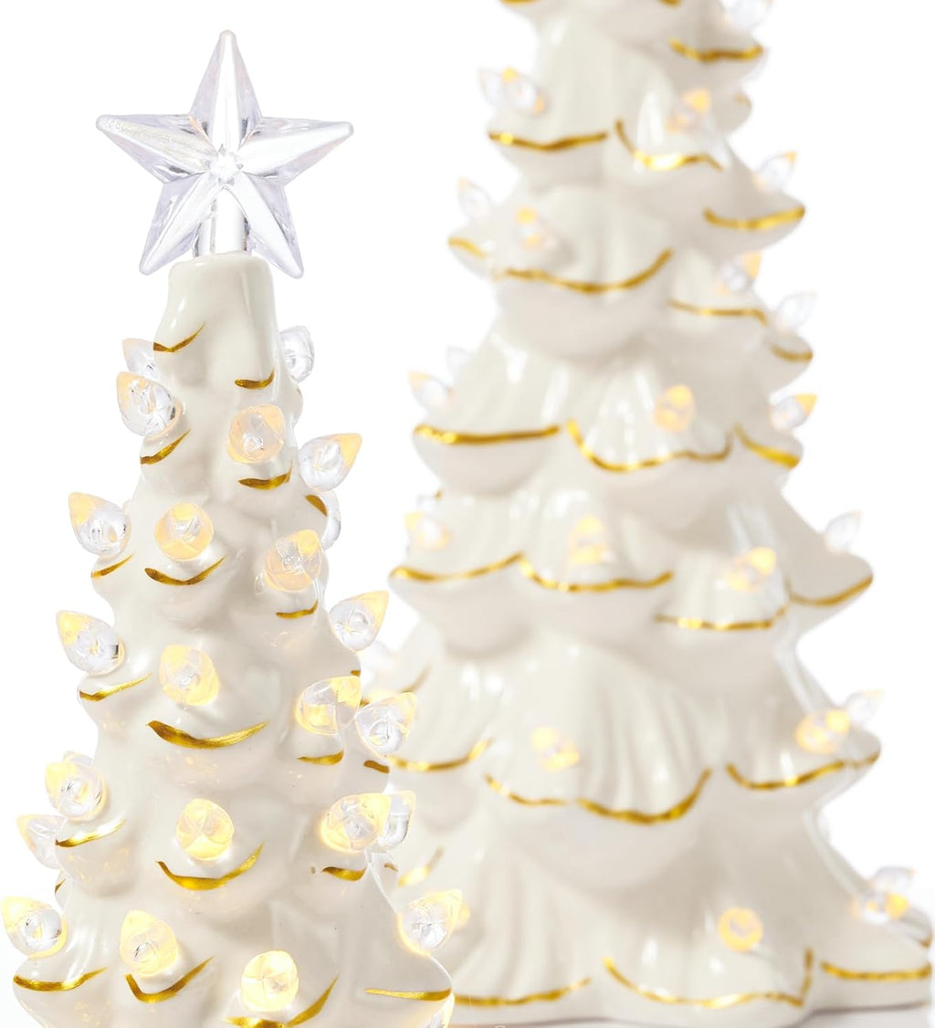 WDS WONDROUS Ceramic Christmas Tree Tabletop - Prelit White & Gold Accents | 2 Small Xmas Tree Figurines