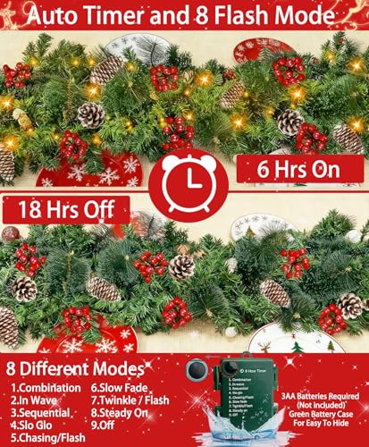 Turnon 9FT Christmas Garland with 50 Lights, 8 Modes, Timer, Red Berries & Pinecones - Warm White - Indoor/Outdoor