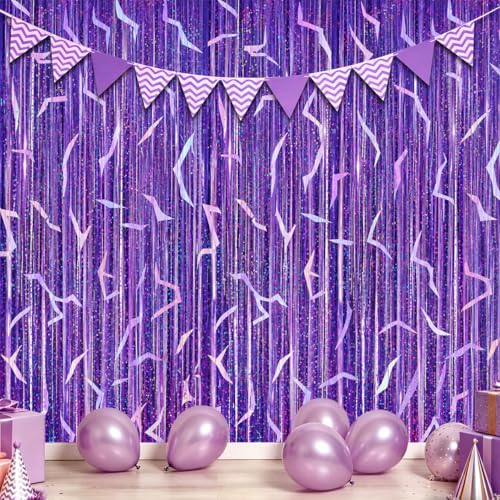 2 Pack Purple Holographic Foil Fringe Curtains - 3.3 x 6.6 ft Party Backdrop