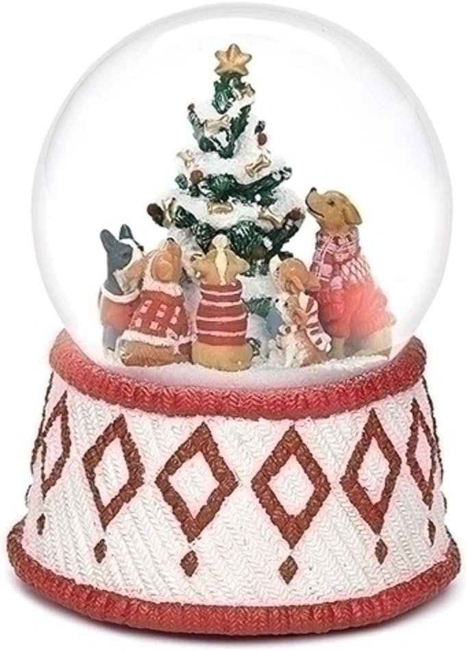Roman 100MM Musical Christmas Snow Globe - Dogs Around Tree | Plays 'O Christmas Tree' - Glitterdome Décor