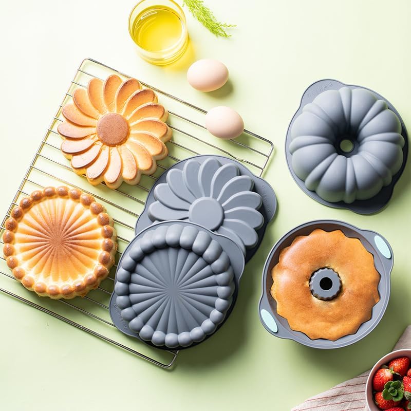 Skiennix Silicone Fluted Baking Pans - Non-Stick 4 Pack for Cakes, Bread & Jello | Round Molds