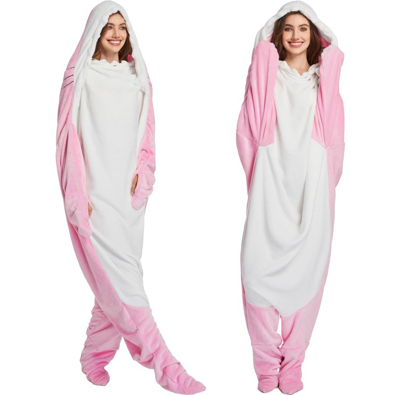 Shark Blanket Hoodie Onesie for Adult Kids, Cozy Flannel Throw Wearable Blanket, Cartoon Animals Shark Onesie Shark Costume (Pink, X-Large)