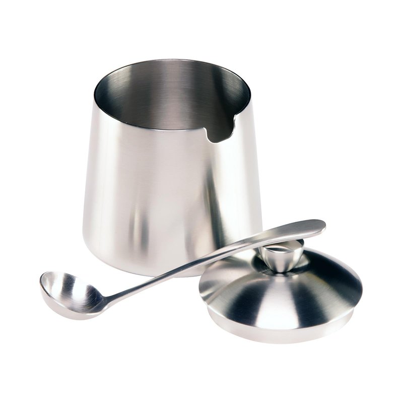 Frieling USA 18/10 Brushed Stainless Steel Sugar Bowl with Lid & Spoon - 10 oz Sugar Container & Dispenser with Pour Spout - Countertop Jar with Spoon Holder for Cubes, Packets & Condiments