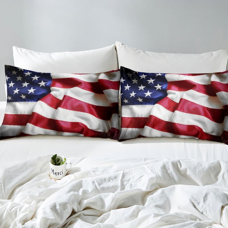 United States Fitted Sheet American Flag Blue Red Printing Bedding Set for Kids Teens Adult USA Federations Stars Stripe Fitted Bed Sheet Queen Size 1 Fitted Sheet with 2 Pillow Cases(No Top Sheet)