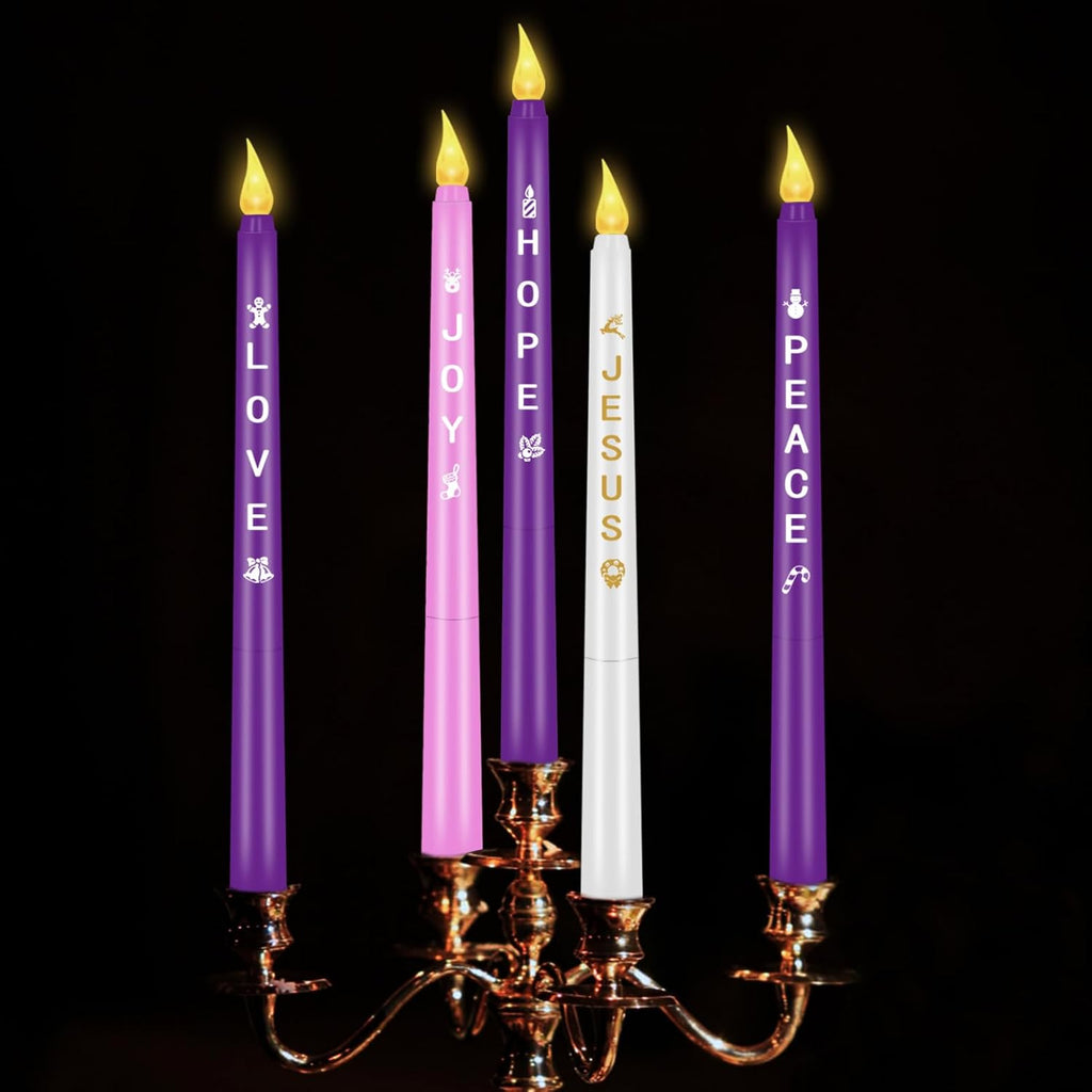 RGQSUN Flameless Advent Candles - Set of 5 Battery Operated Flickering Taper Candles for Christmas Decor