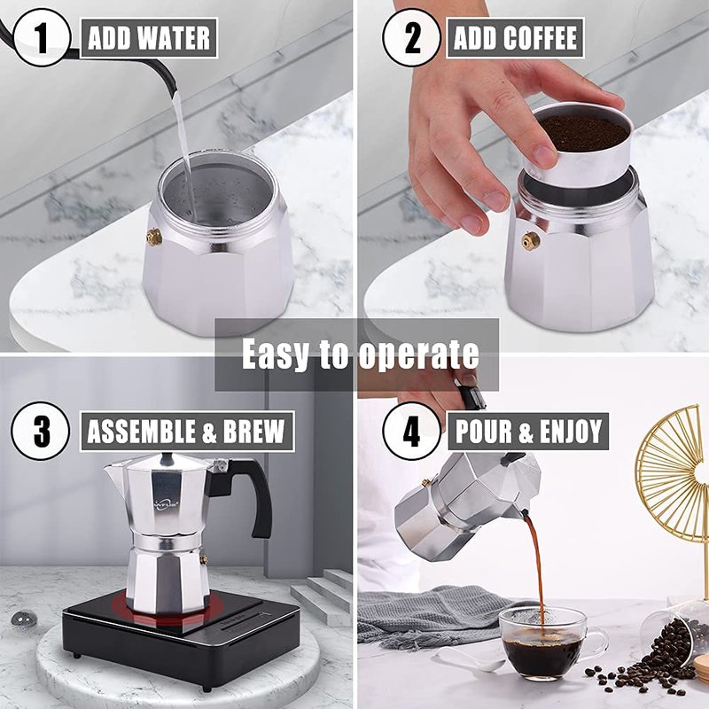 MVPLUE Classic Stovetop Espresso Maker 6 Cup ，Moka Pot Aluminum Silver，Perfect Cuban Coffee Maker， Make Delicious Coffee Easily at Home And Camping