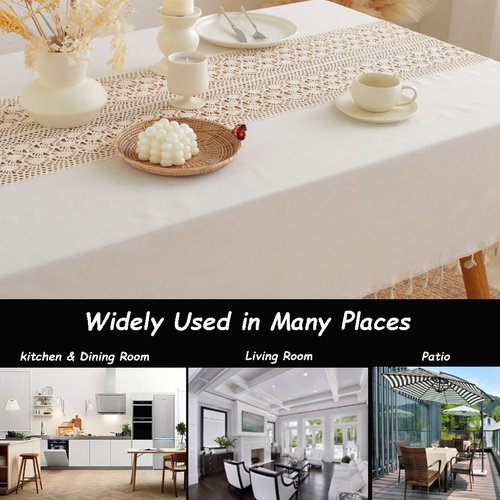 AMZALI Tablecloths for Rectangle Tables, Washable Crochet Lace Cotton Linen Table Cloth Dust-Proof Table Cover with Tassles for Kitchen Dining Room, Party, 55 x 86 Inch, Beige