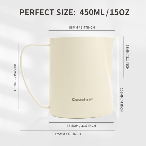 Coosigar Milk Frothing Pitcher 450ml/15oz,304 Stainless steel Espresso Steaming Pitcher,milk frother cup,Milk Jug Cup,Latte Art(cream white)
