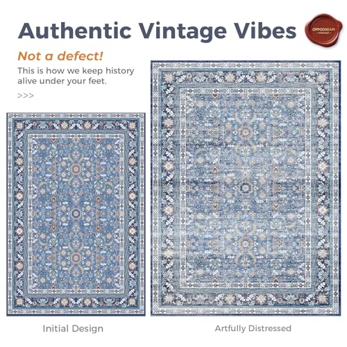 Vintage Blue 5x7 Area Rug, Machine Washable Faux Cashmere Low-Pile Carpet