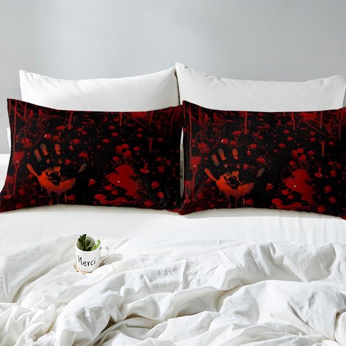 Red Blood Fingerprint Fitted Sheet Queen Size Black Spider Bedding Set Halloween Theme Sheet Set,Spider Web Bed Cover Ultra Soft Breathable Bedspread 3 Pcs for Kids Teens Boys No Flat Sheet