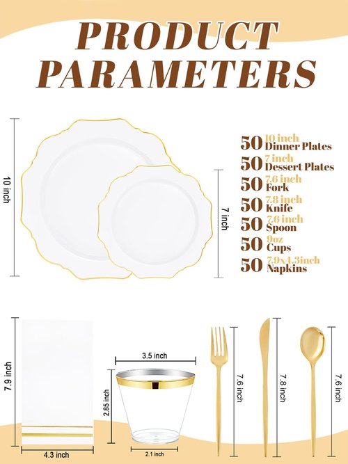 WDF 350PCS White and Gold Plastic Plates - Gold Plates Disposable 50Guest Plastic Dinnerware Ideal for Party/Wedding/Birthday/Ramadan/Easter