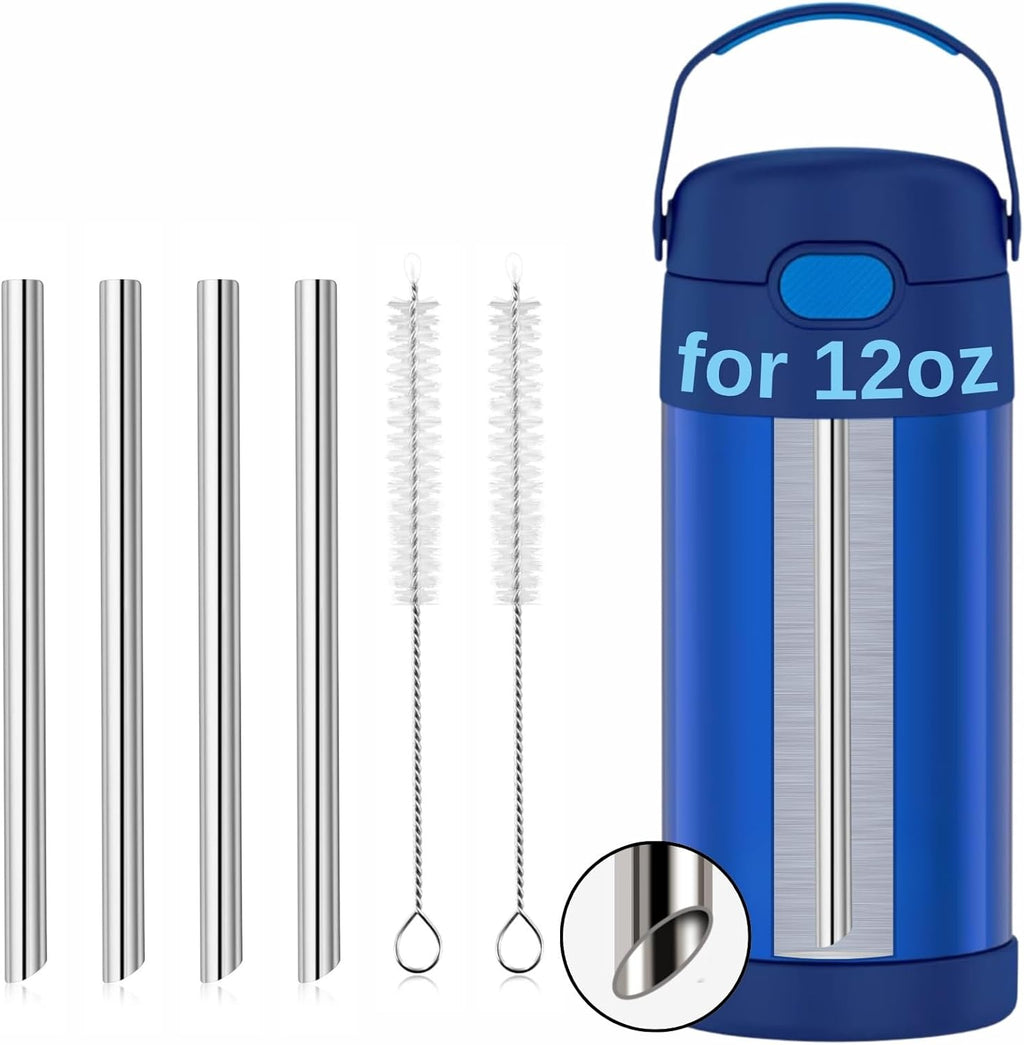 THERMOS Replacement Metal Straws - Reusable Stainless Steel for 12 Ounce FUNtainer | 4 Straws + 2 Brushes