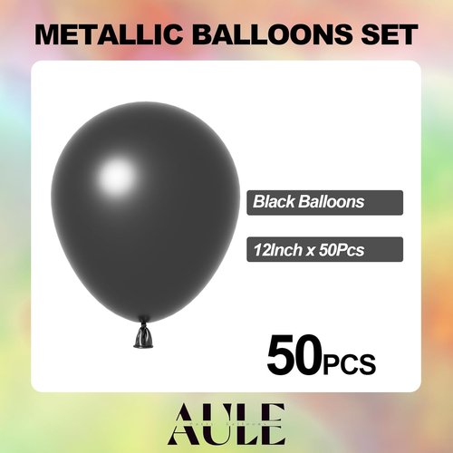 AULE Black Metallic Balloons - 12 Inch Chrome Latex Balloons | 50 Pack for Birthday & Graduation Decor