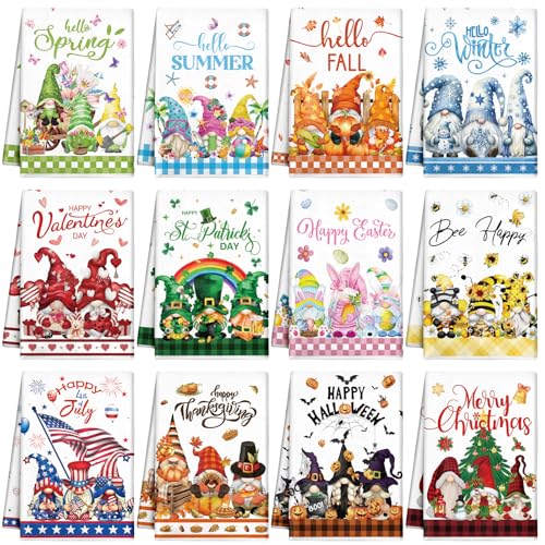 FuWeave Bright Gnome Seasonal Kitchen Towels Set - 12 Pieces Holiday Decor