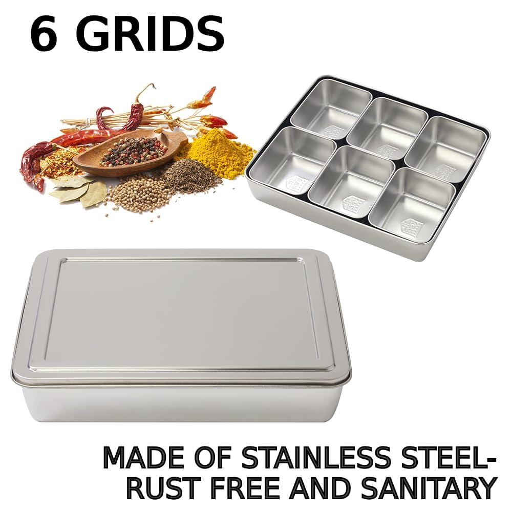 Japard Stainless Steel Seasoning Box with Lid, Food Storage Container with Tray Spice Organizer Jars, 6 Grids Spice Salt Sugar, Kitchen Utensils