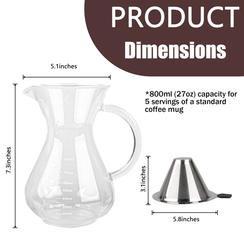 T-mark Pour Over Coffee Maker with Reusable Double-layer Stainless Steel Filter, 800ml/27oz BPA-Free Glass Coffee Carafe, Glass Coffee Maker, Coffee Dripper Brewer.