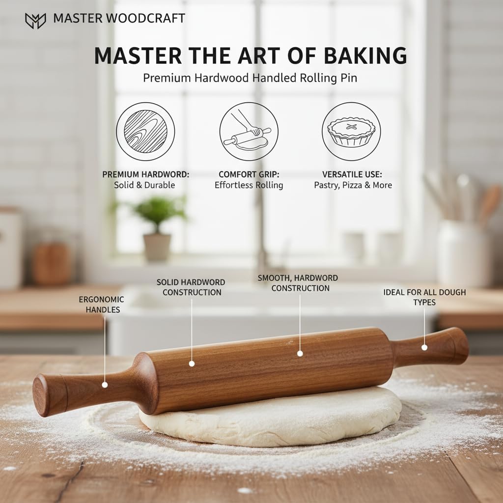 Skiennix Traditional Wooden Rolling Pin - Solid Wood Baking Tool for Pastry, Dough & Pizza Making