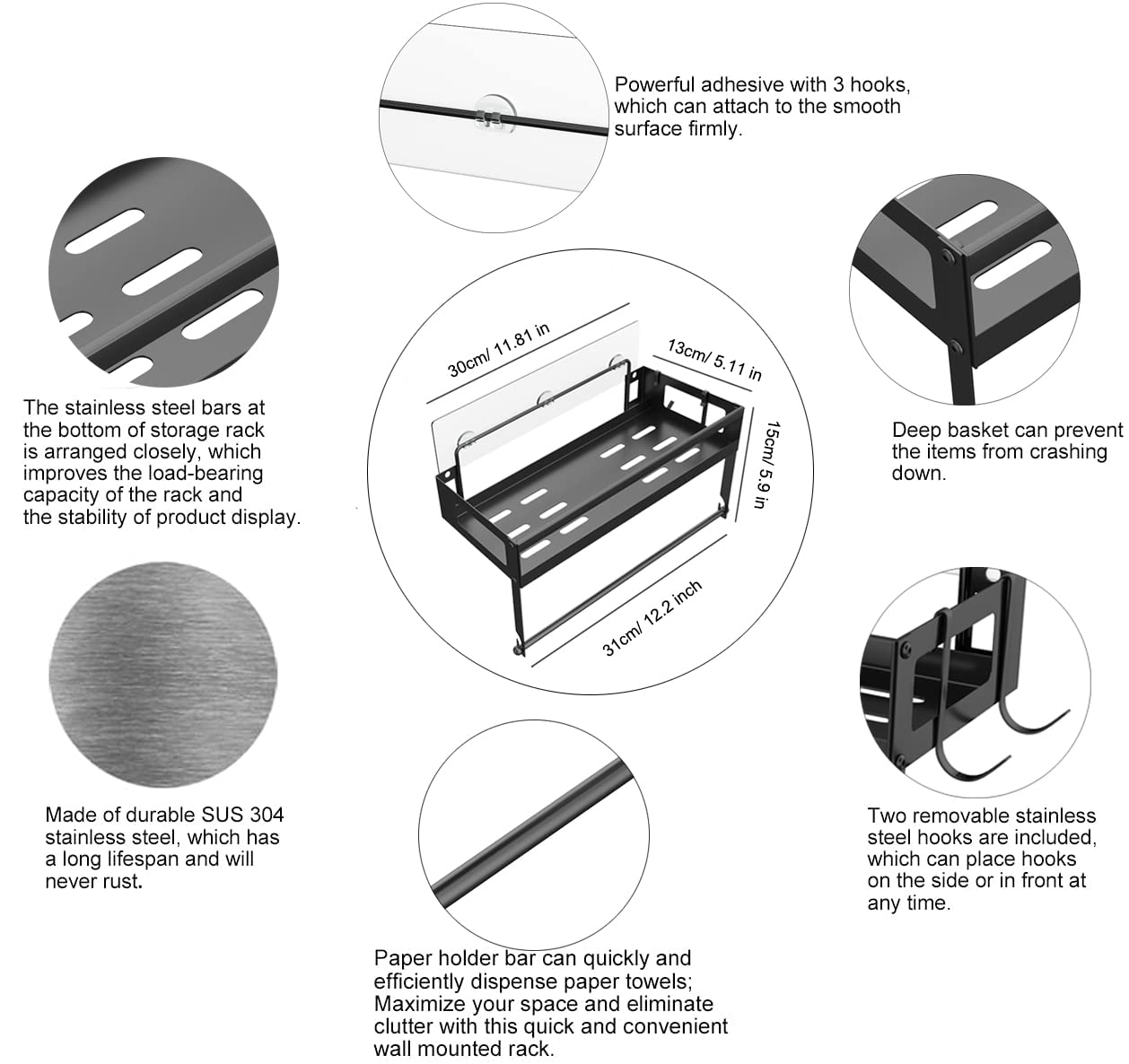 ESOW Paper Towel Holder with Shelf Storage, 2-in-1 Wall Mounted Paper Towel Roll Rack Basket for Kitchen, Balcony & Bathroom, Self-Adhesive or Drilling Installation, SUS304 Matte Black Finish