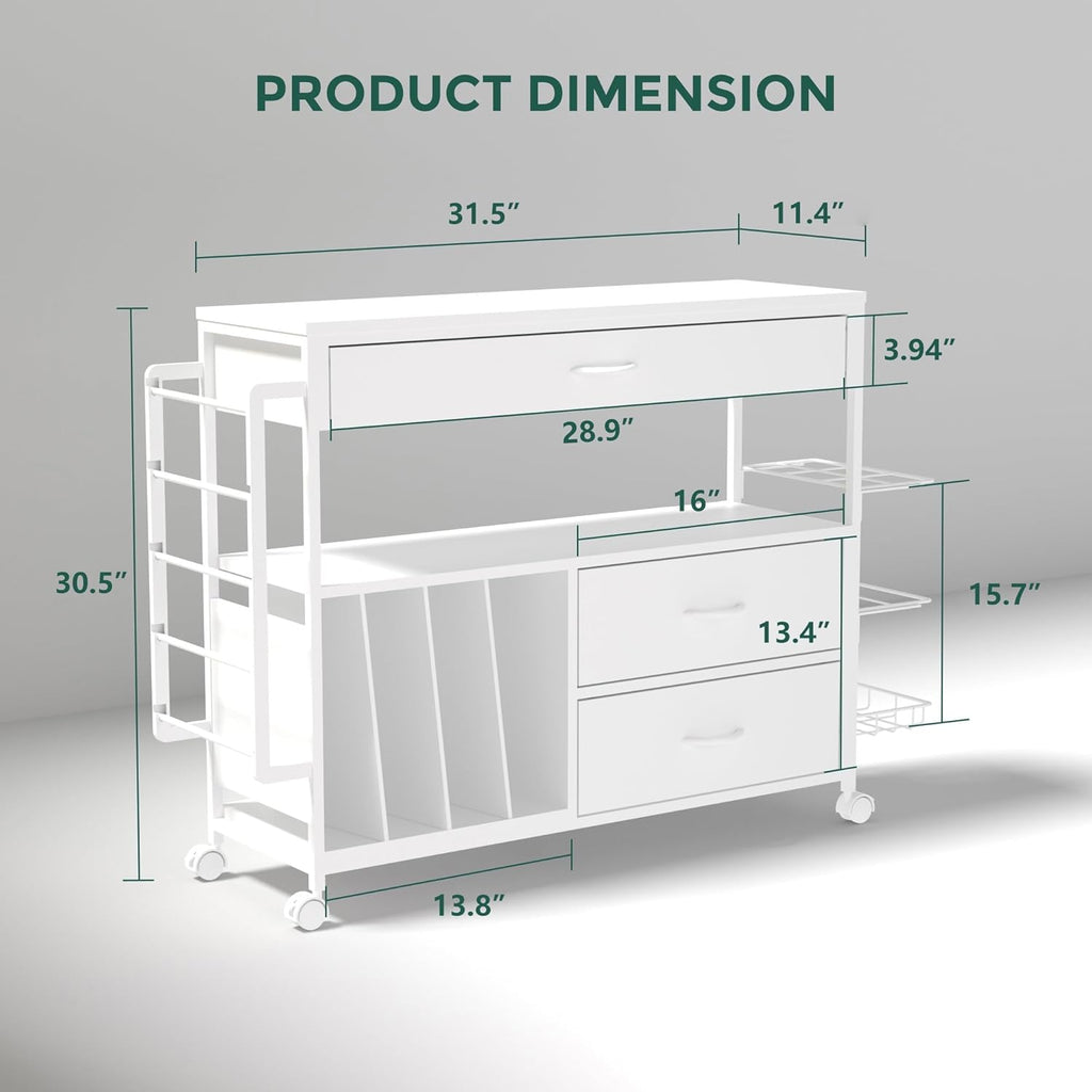 Regine Switzerland Wrapping Paper Organizer - Stylish Craft Cart with 3 Wooden Drawers | White