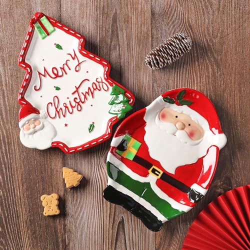 Christmas Ceramic Snack Platters Set with Santa & Tree Design, 10.3 Inch Food Serving Dishes