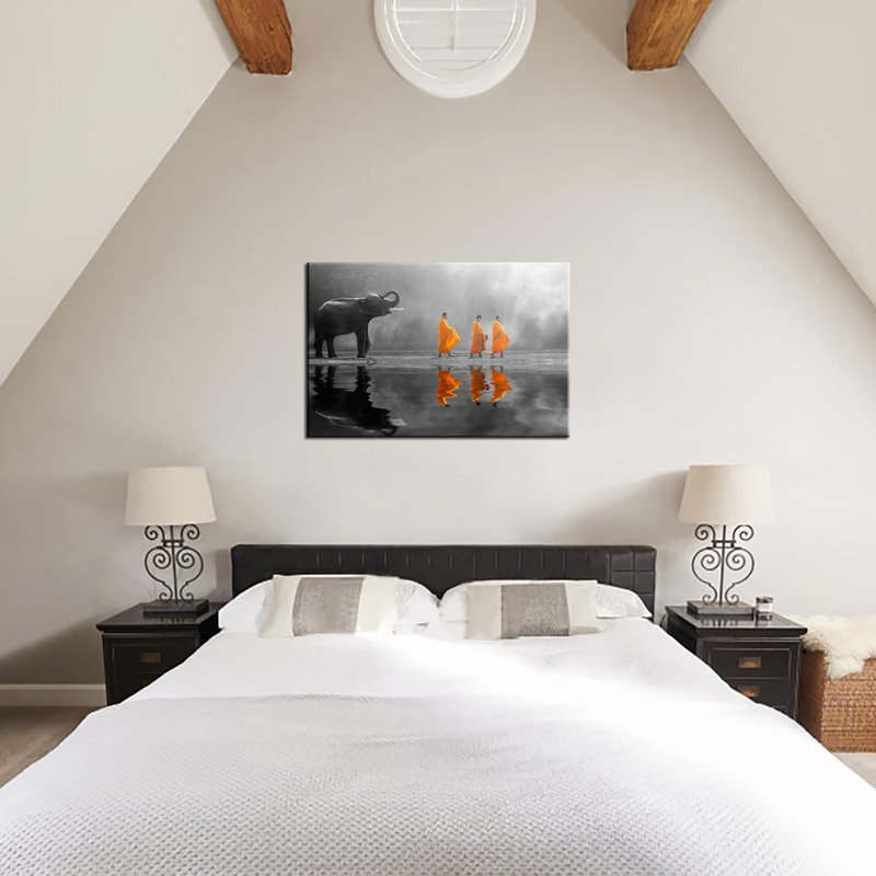 sechars - Thai Elephant Canvas Wall Art Peaceful Monk Pictures Painting Zen Massage Room Wall Decoration Framed Artwork 24"X36"
