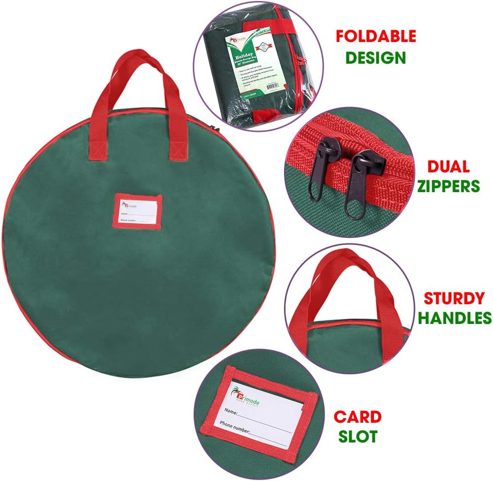 Primode Christmas Wreath Storage Bag - 36" Durable Container for Holiday Wreaths | 2 Pack, Green