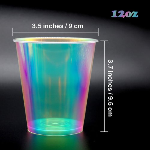 MnhoMnrn 25 Pcs Iridescent Clear Plastic Cups 12oz Fancy Thick Neon Disposable Drinking Cups Cute Glitter Holographic Hard Plastic Cup for Party Decoration (Clear)