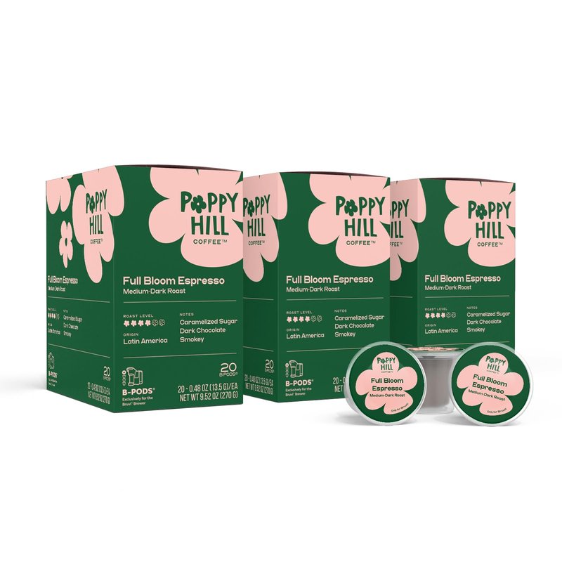 Poppy Hill Coffee | Full Bloom Espresso Single Cup B-Pods | Only Compatible with BRUVI Single-Serve Coffee Brewer | Includes 60 Pods