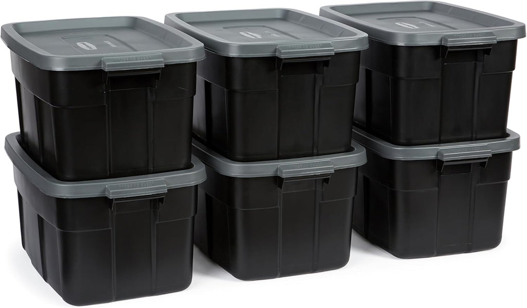 Rubbermaid Heavy Duty Black Storage Bins - Durable, Stackable Plastic Totes with Lids | 14 GAL, 6 Pack