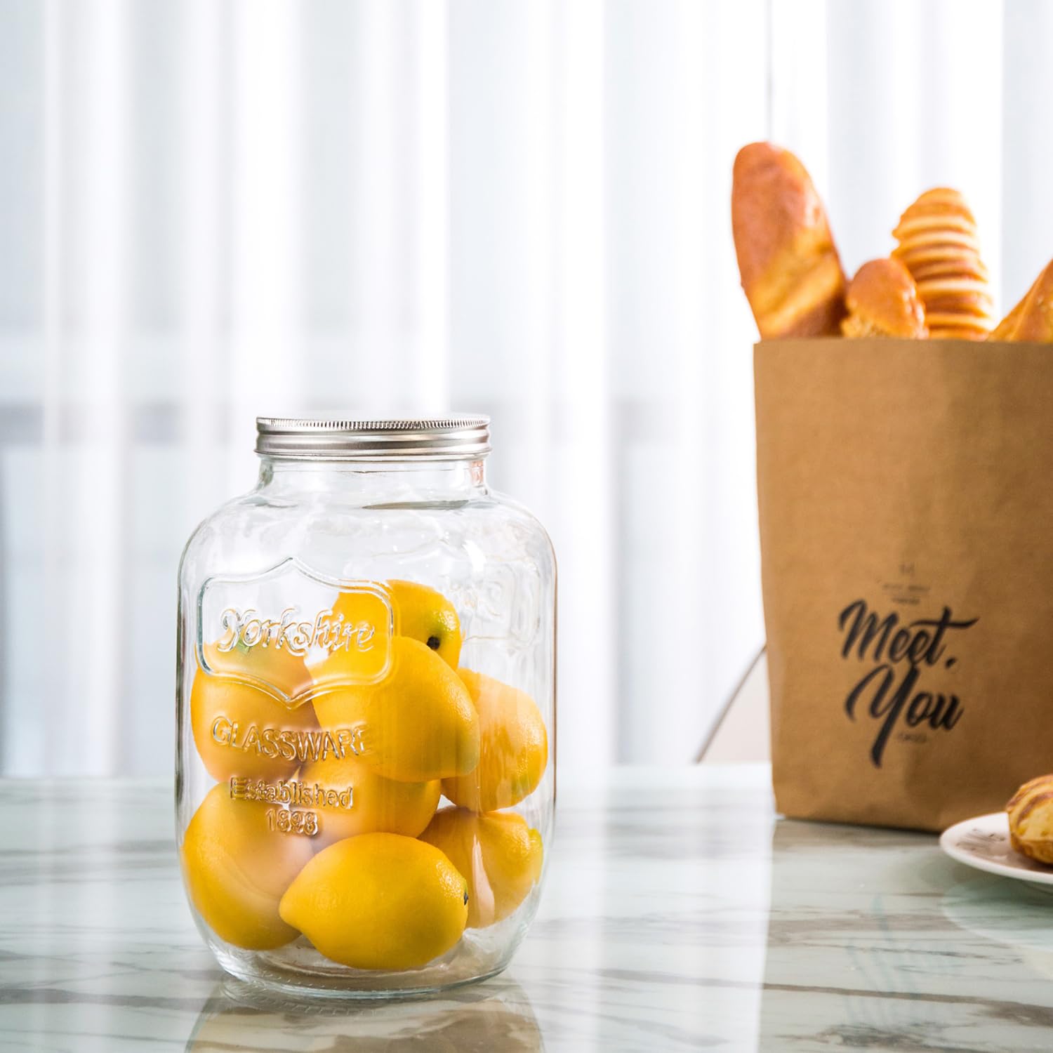 Diamond Star 1 Gallons Mason Jar with Brushed Tin Lid, Large Glass Wide Mouth Canning Food Storage Containers for Kitchen Canning Cereal, Pasta, Sugar, Beans, Spice, Preserves, Dog Treat