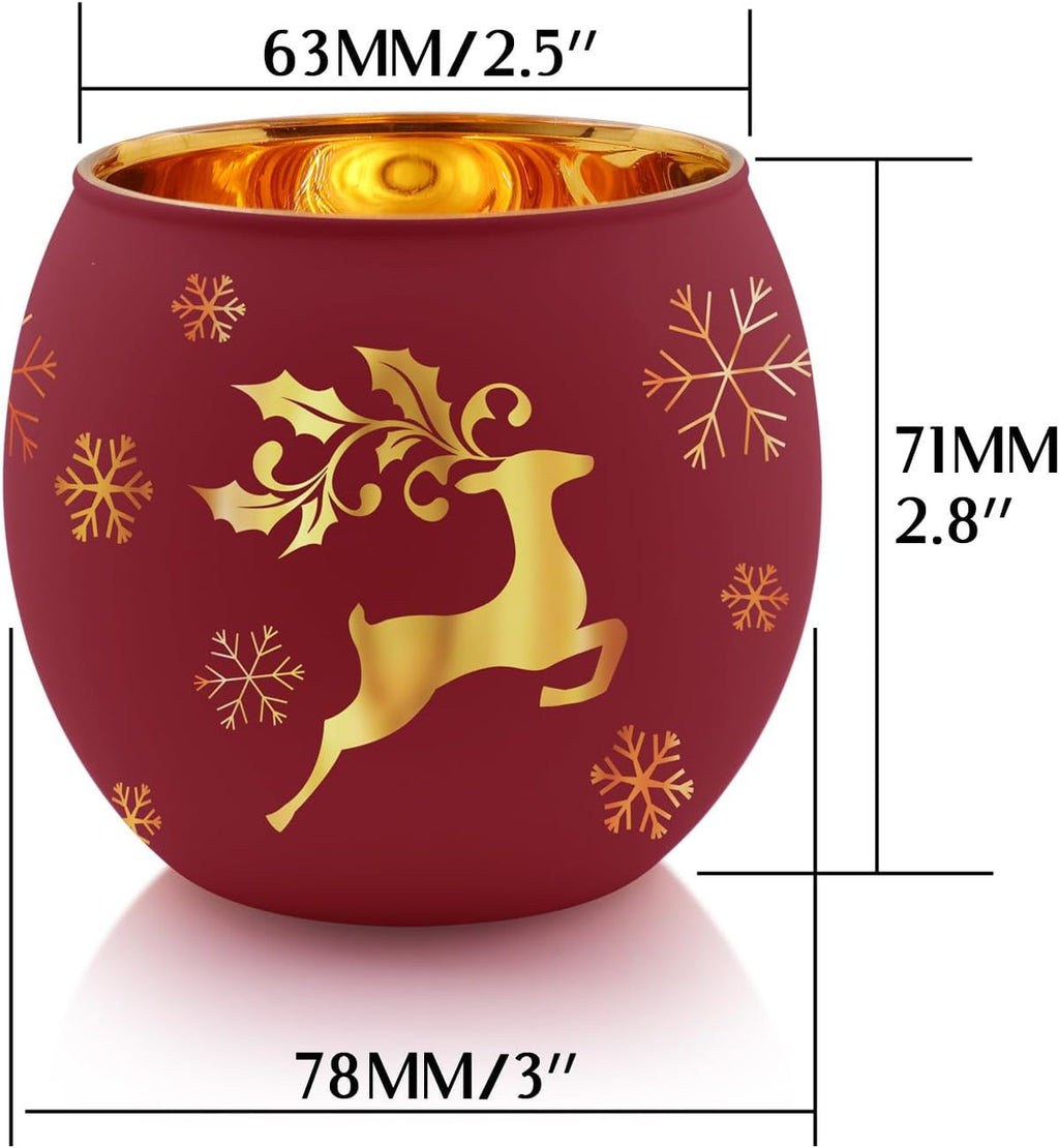 Skiennix Christmas Votive Candle Holder Set - 6 Red, Green & White Glass Tealight Holders with Laser Engraved Designs for Winter Table Decor