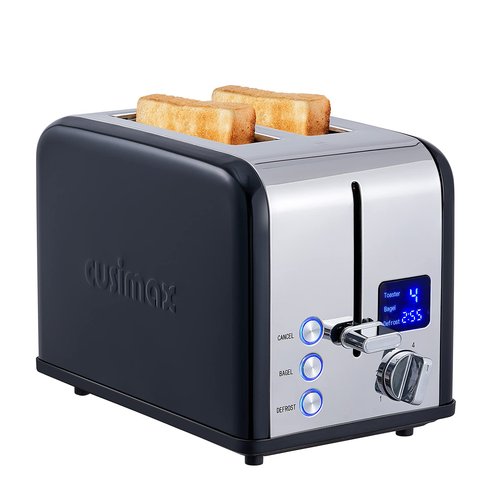 CUSIMAX Stainless Steel 2 Slice Toaster with LED Display, Extra-wide Slots, 6 Browning Settings, Cancel/Bagel/Defrost, Removable Crumb Tray, Black