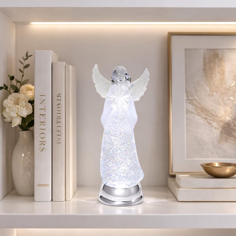 Christmas Angel Snow Globe Water Spinner LED Light Battery Operated Glitter Angel Figurine 12.8” Tabletop Christmas Decoration Holiday Home Décor by Moments in Time