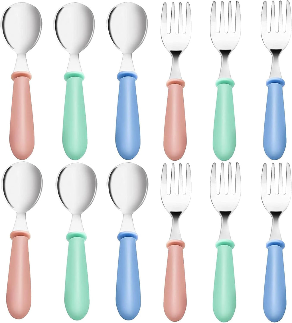 Skiennix Toddler Utensils Set - 12-Piece Stainless Steel Forks & Spoons | Dishwasher Safe, Round Handle