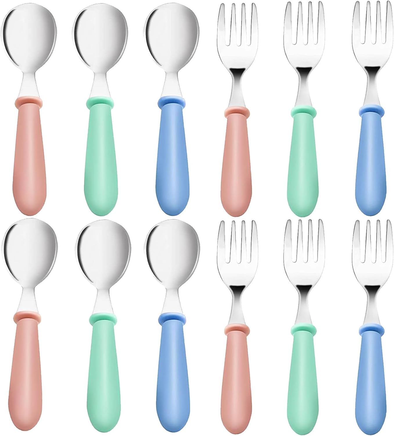 Skiennix Toddler Utensils Set - 12-Piece Stainless Steel Forks & Spoons | Dishwasher Safe, Round Handle