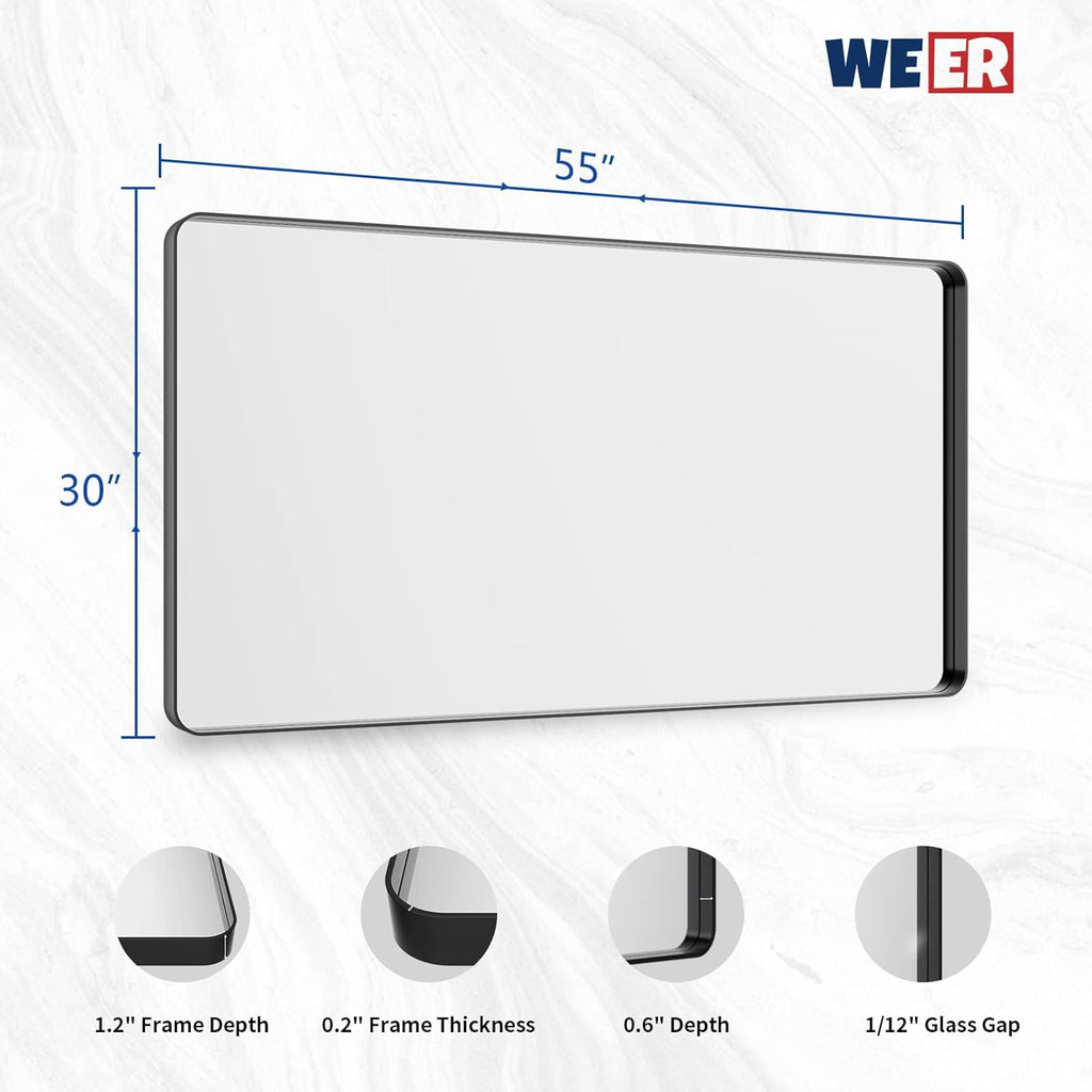 WEER Black Bathroom Mirror - 55x30 Inch Rounded Rectangle Matte Black Frame | Anti-Rust Tempered Glass
