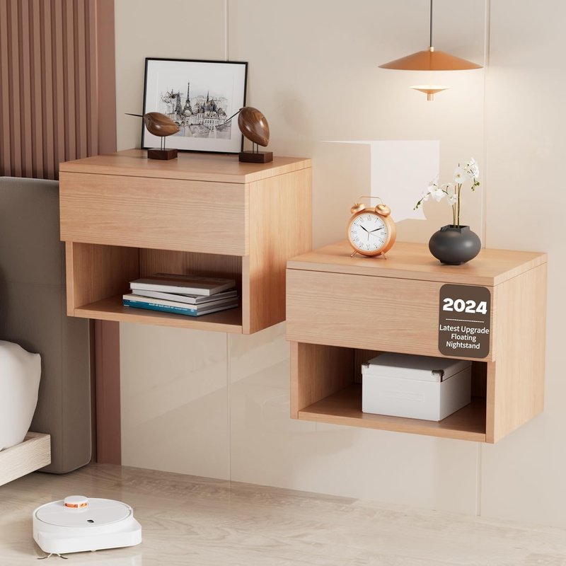 Floating Nightstand, Modern Wall Mounted Bedside Table with Drawer, Wood Bedside Shelf & Desk, End Table Wood Modern Night Stand for Bedroom (Beech QD1, Set of 1)